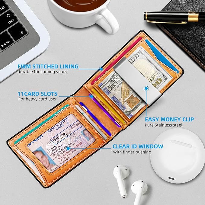 Genuine Leather Wallet for Men, Slim Bifold RFID Blocking with Zipper Coin Pocket, Minimalist Design for Travel and Daily Use (Carbon Fiber Black)