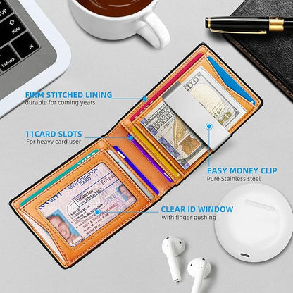 Genuine Leather Wallet for Men, Slim Bifold RFID Blocking with Zipper Coin Pocket, Minimalist Design for Travel and Daily Use (Carbon Fiber Black)