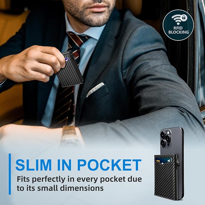 Wallet for Men,with Cash Pocket 2 ID Window 9-13 Cards,Metal Case Smart Slim Pop Up Credit Card Holder Flip with Magnetic Closure RFID Blocking Trifold wallet with Gift Box