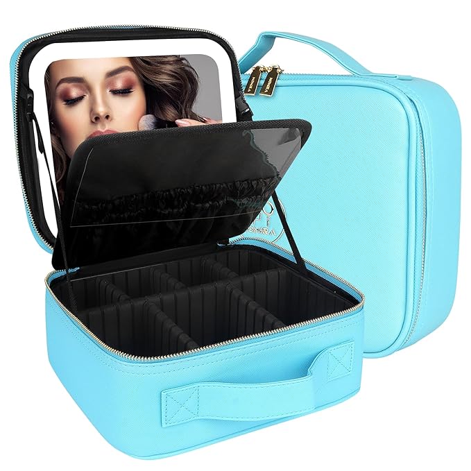 MOMIRA Travel Makeup Bag Cosmetic Bag Makeup Organizer Bag with Lighted Mirror, Adjustable Brightness in 3 Color Scenarios, Waterproof Makeup Train Case, Gift for Women - Diamond Blue