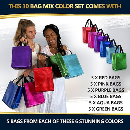 Nush Nush Set of 30 Gift Bags Bulk Medium Size - Mix of 6 Vibrant Colors Reusable Bulk Gift Bags with Handles With Glossy Finish - Perfect Goodie Bag for Christmas, Birthday, Thanksgiving – 8x4x10