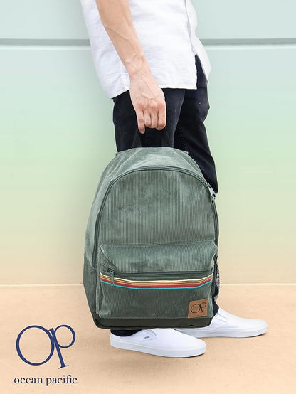 Ocean Pacific OG Corduroy Backpack for Travel, Sports, Beach, Work, Casual Daypack for Men Women Fits 15.6 Inch Laptop (Olive)