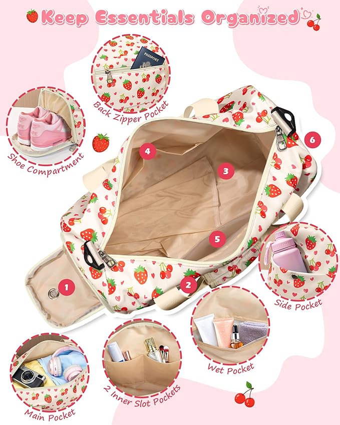 Initial Duffel Bag for Kids, Cute Dance Bag with Shoe Compartment, Girly Gifts for 6 7 8 9 10 11 12 13 Year Old Girls, Wet Separation Waterproof Sports Overnight Travel Bag, Teen Girl Gifts