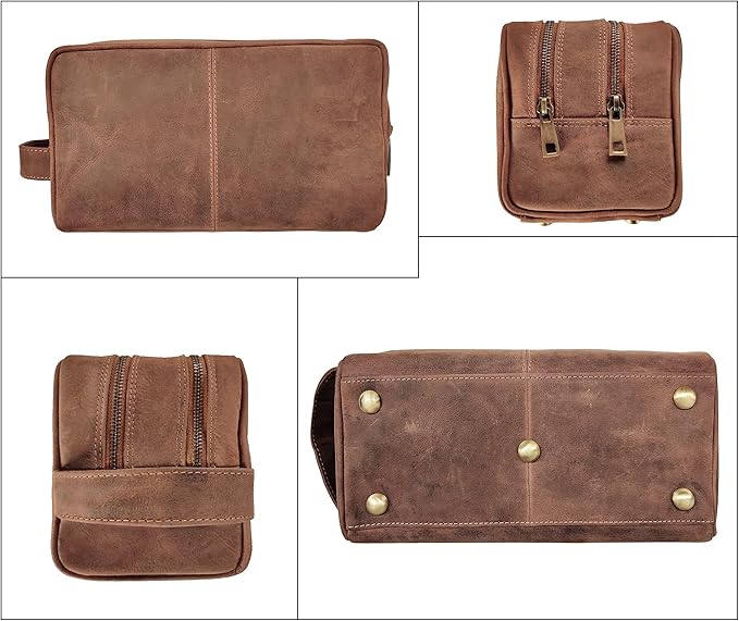 RUSTIC TOWN Full Grain Leather Travel Toiletry Bag - Cosmetic Makeup Kit Organizer (Brown)
