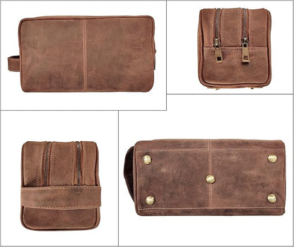 RUSTIC TOWN Full Grain Leather Travel Toiletry Bag - Cosmetic Makeup Kit Organizer (Brown)