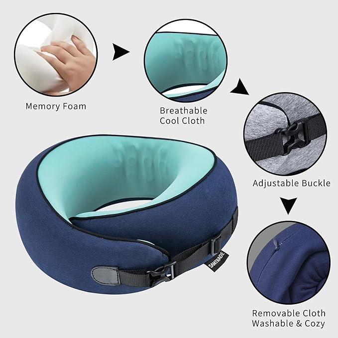 Neck Pillow Airplane –2025 Updated, 100% Memory Foam Travel Pillow for Sleeping, 360° Ergonomic Neck Support, Pain Relief for Long Flights, Portable Travel Accessory for Plane & Car (Navy Blue)