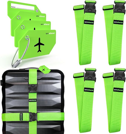 Untethered Ultimate Travel Set: 4 Premium Luggage Straps and 4 Silicone Tags - Secure & Identify Your Bags with Ease (Green + Tags)