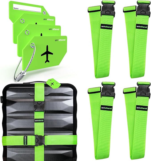 Untethered Ultimate Travel Set: 4 Premium Luggage Straps and 4 Silicone Tags - Secure & Identify Your Bags with Ease (Green + Tags)