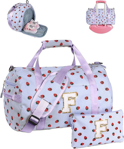 12 Year Old Girl Birthday Gifts, Girls Gym Bag, Kids Personalized Overnight Duffle Bags with Shoe Compartment, Monogram Travel Tote with Makeup Bag, Preppy Stuff for Kid (Letter F)