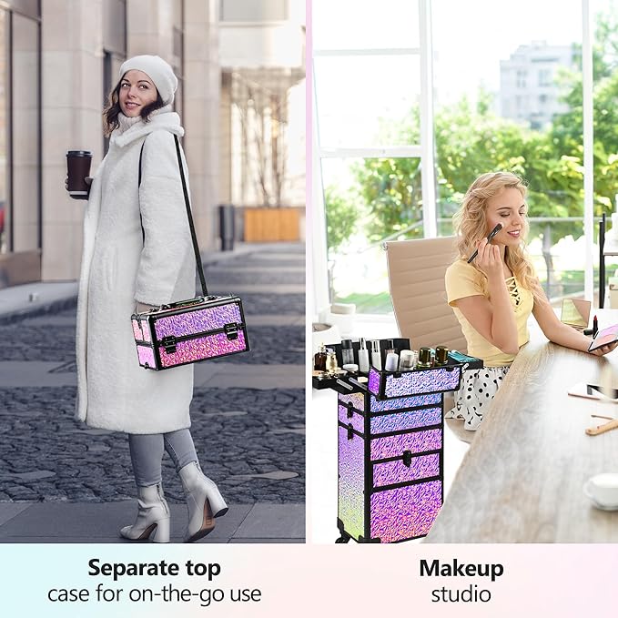 Makeup Train Case with Drawer, Rolling Makeup Case, Cosmetology Case on Wheels, Gift, Large Makeup Case Organizers, Professional for Salon Barber, Nail, Tattoo, Black Colourful