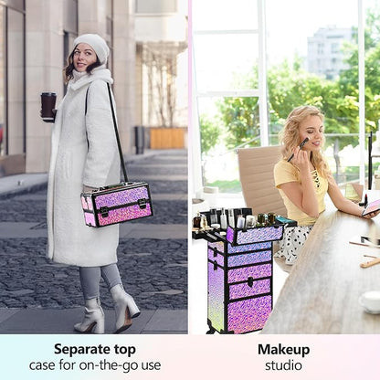 Makeup Train Case with Drawer, Rolling Makeup Case, Cosmetology Case on Wheels, Gift, Large Makeup Case Organizers, Professional for Salon Barber, Nail, Tattoo, Black Colourful