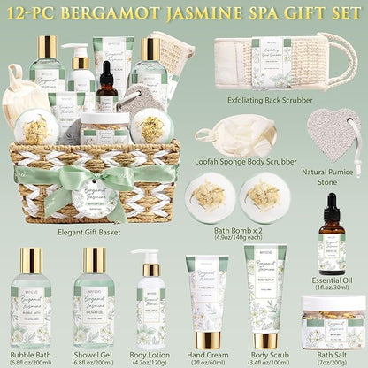 Christmas Birthday Gifts for Women, Bergamot Jasmine Relaxing Spa Gift Baskets for Women Self Care Package Bath Gift Set, Home Bath and Body Kit Pampering Gifts for Womens Mom Her Friends Sister Wife