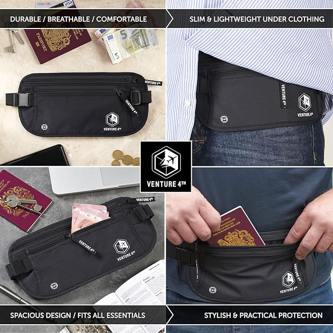VENTURE 4TH Travel Money Belt - Slim Passport Holder RFID Blocking Travel Pouch to Protect Cash, Credit Cards and Travel Documents (Pure Black)