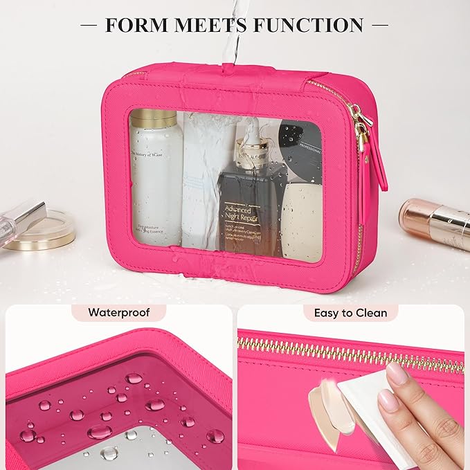 Clear Makeup Bag, Travel Toiletry Bag Cosmetic Case for Women, Waterproof Portable Make Up Skincare Pouch with Zipper, Compact Car Organizer Bag for Essentials, Medium Size, Hot Pink