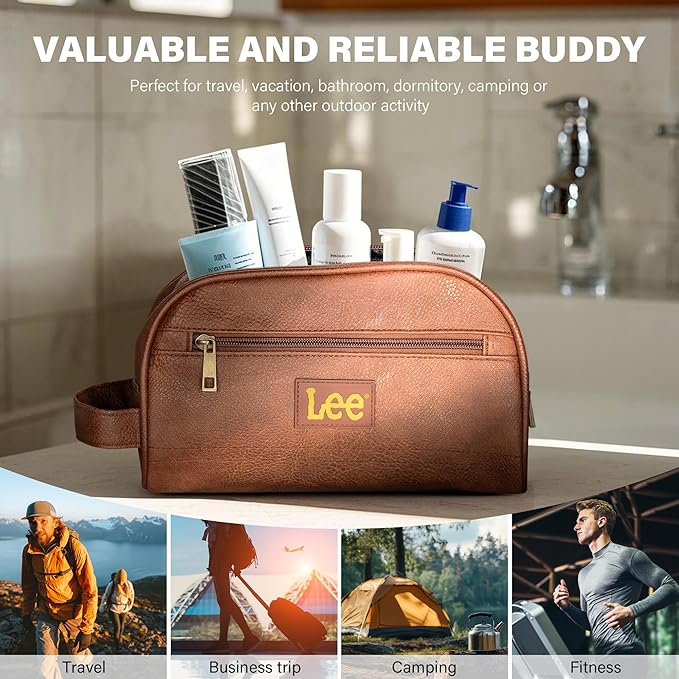 Lee Toiletry Bag for Men, PU Leather Travel Dopp Kit, Water-Resistant Men's Shaving Kit Bathroom Organizer, Gifts for Men