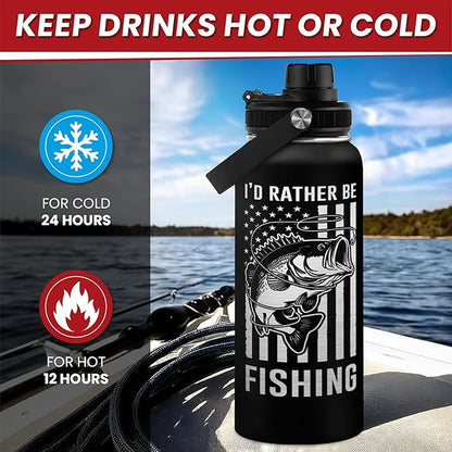 Fishing Water Bottle - 32oz Stainless Steel Insulated Bottles with lid - Deer Fishing Gifts for Fisherman Papa Dad Husband - Gift for Christmas Birthday Fathers Day