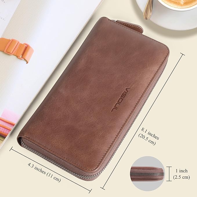 VISOUL Leather Long Zipper Pouch Wallet for Men and Women with RFID Blocking, Large Clutch Cash Long Wallet with Zipper (Brown)