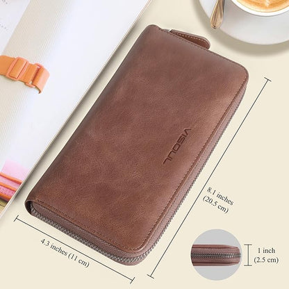VISOUL Leather Long Zipper Pouch Wallet for Men and Women with RFID Blocking, Large Clutch Cash Long Wallet with Zipper (Brown)