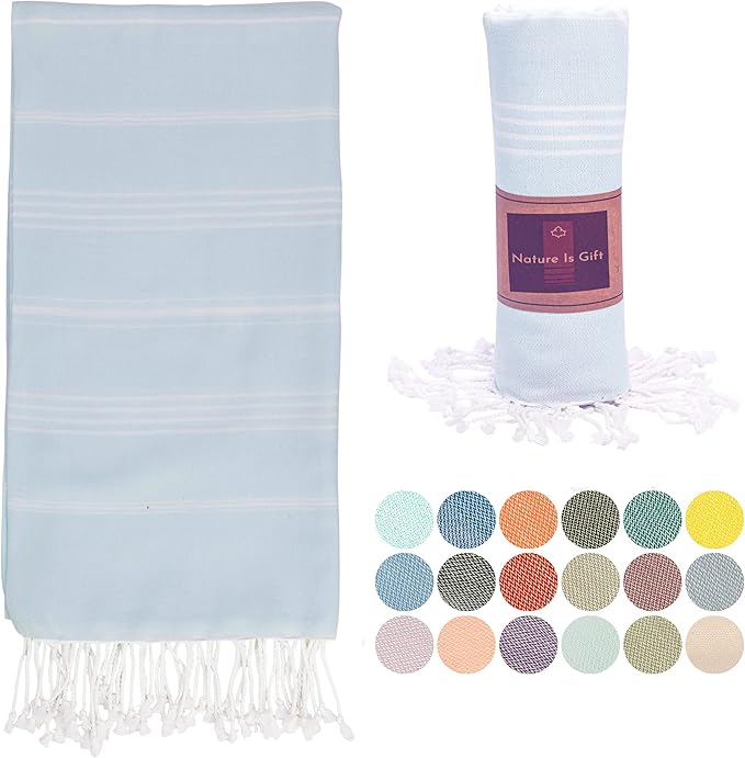 Beach Towel 100% Cotton Turkish Beach Towel Adult 38x70 Inch Pre-washed Absorbent Extra Large|Sand Free Quick Dry BathTowels|Lightweight Blanket|Travel Cruise Camping Spa Gym Yoga Towel|Baby blue