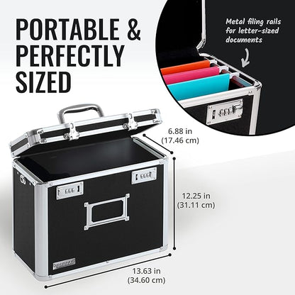 Vaultz File Organizer Storage Box - 14 x 7 x 12.19 Inch Letter Size, Portable Locking Storage Totes with Dual Combination Locks for Filing Office Documents - Black