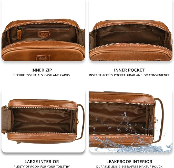 LEATHER VILLAGE Premium Leather Toiletry Travel Pouch With Waterproof Lining - Sun Tan | King-Size Handcrafted Vintage Dopp Kit Bag, Shaving & Bathroom Organizer, Gift for Men & Women