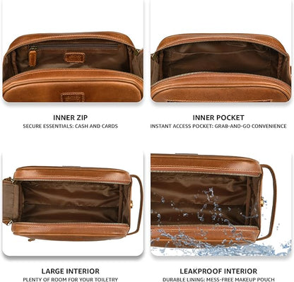 LEATHER VILLAGE Premium Leather Toiletry Travel Pouch With Waterproof Lining - Sun Tan | King-Size Handcrafted Vintage Dopp Kit Bag, Shaving & Bathroom Organizer, Gift for Men & Women