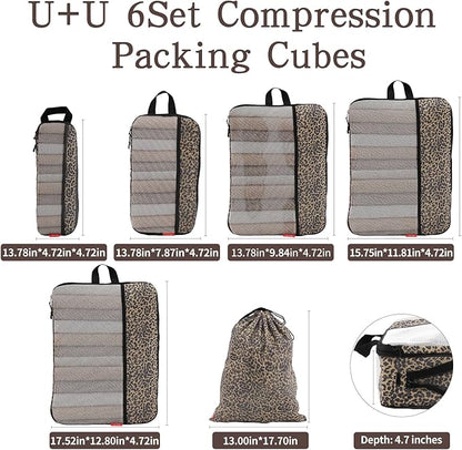 U+U 6 Set Compression Packing Cubes - Ultralight Travel Organizers with Laundry Bag, Space-Saving Suitcase Organizer, Expandable Packing Cubes for Travel, Business Trip and Family Vacation (Leopard)
