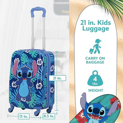 FUL Disney Stitch 21 Inch Kids Carry On Luggage, Hardshell Rolling Suitcase with Spinner Wheels, Blue