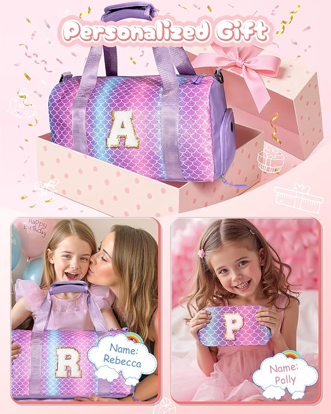Trendy Gifts Granddaughter-Girl Gym Bag with Shoe Compartment, Kid Personalized Weekender Dance Bags, Initial Travel Tote with Makeup Pouch, Niece Girls Birthday Gift (Letter L)