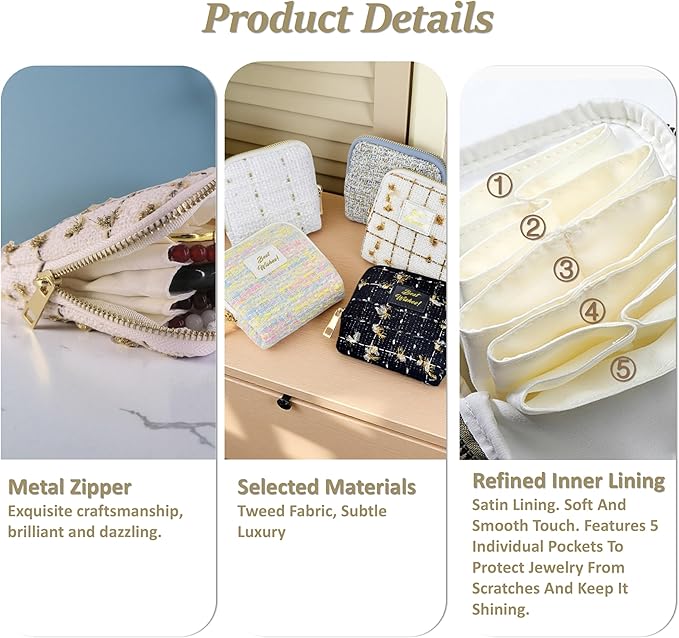 Small Travel Jewelry Case, Soft Tweed Organizer Pouch for Bangle, Bracelets, large Earrings, Beaded necklace, Anti-Scratch & Portable Jewelry Bag Holder for Travel & Everyday Use (Denim Blue)