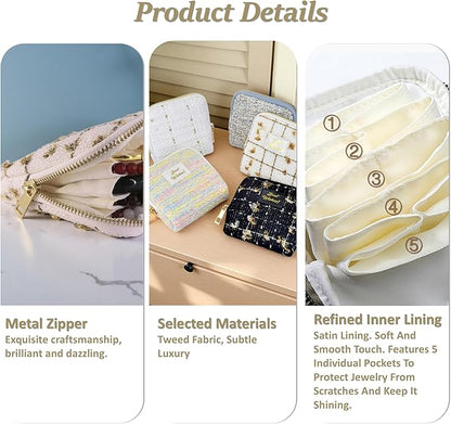 Small Travel Jewelry Case, Soft Tweed Organizer Pouch for Bangle, Bracelets, large Earrings, Beaded necklace, Anti-Scratch & Portable Jewelry Bag Holder for Travel & Everyday Use (Denim Blue)