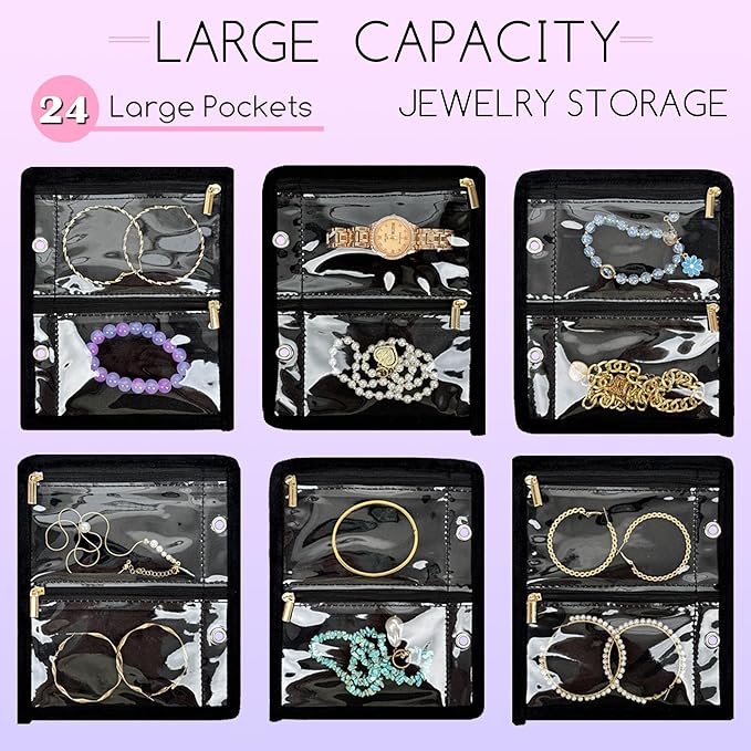 Travel Jewelry Organizer Case,Jewelry Bags for Traveling, Jewelry Binder with 24 Pcs Clear Zipper Velvet Pouches for Storing Earrings, Rings, Necklace, Bracelet, Watch (Black)
