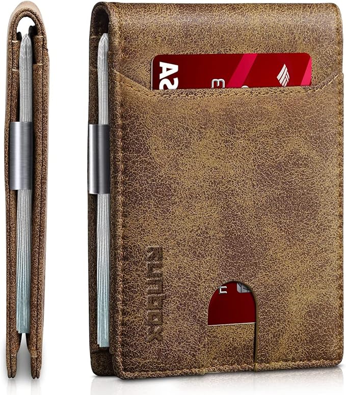 RUNBOX Slim Wallets for Men - Leather Money Clip Mens Wallet - RFID Blocking Front Pocket Bifold Wallet - Minimalist Credit Card Holder with Gift Box