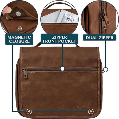 PAVILIA Hanging Toiletry Bag Women Men, Foldable Cosmetic Organizer Travel Bag, Water Resistant Makeup Bag Toiletries, Large Travel Essentials Kit (Dark Brown)