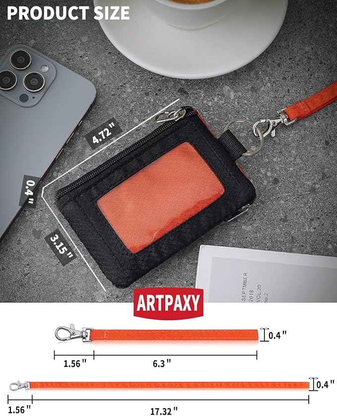 Minimalist Wallet For Mens Womens, Keychain RFID Blocking Zipper Small Wallet with ID Window 2 Lanyards,Water Resistant Travel Cash Card Coin Case Boys Girls