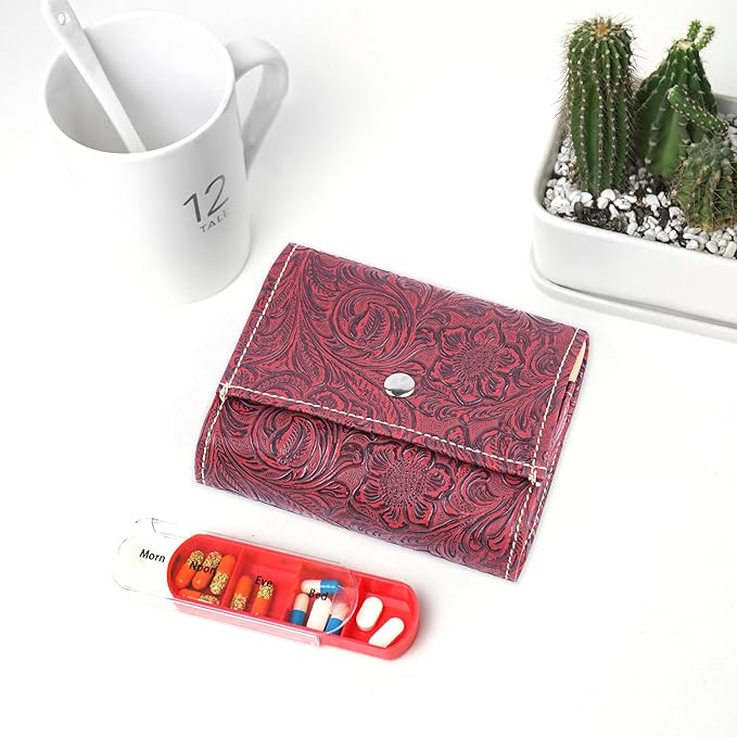Pill Organizer,LIZIMANDU Weekly Travel Pill Case Box Medication Reminder Daily AM PM, Day Night 7 Compartments,for 4 Times A Day, 7 Days a Week-Includes Leather PU Carrying Case(1-Carved Red)