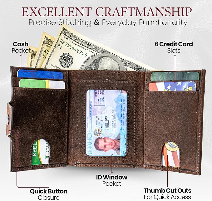 BULL GUARD Trifold RFID Blocking Front Pocket Wallet for Men, Secure Card Slots & Coin Pocket, Durable Full Grain Leather Craftmanship in Crazy Horse