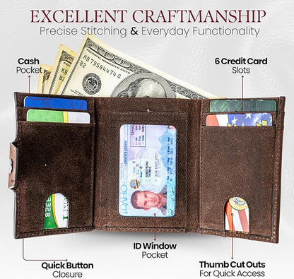 BULL GUARD Trifold RFID Blocking Front Pocket Wallet for Men, Secure Card Slots & Coin Pocket, Durable Full Grain Leather Craftmanship in Crazy Horse