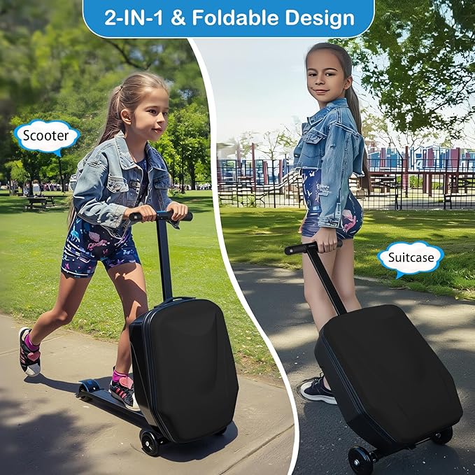 Scooter Suitcase Carry On Hardshell Ride On Suitcase Scooter for Kids Age 4-15, Multifunctional Ride On Lightweight Kids Luggage with Wheels(Size:Black)