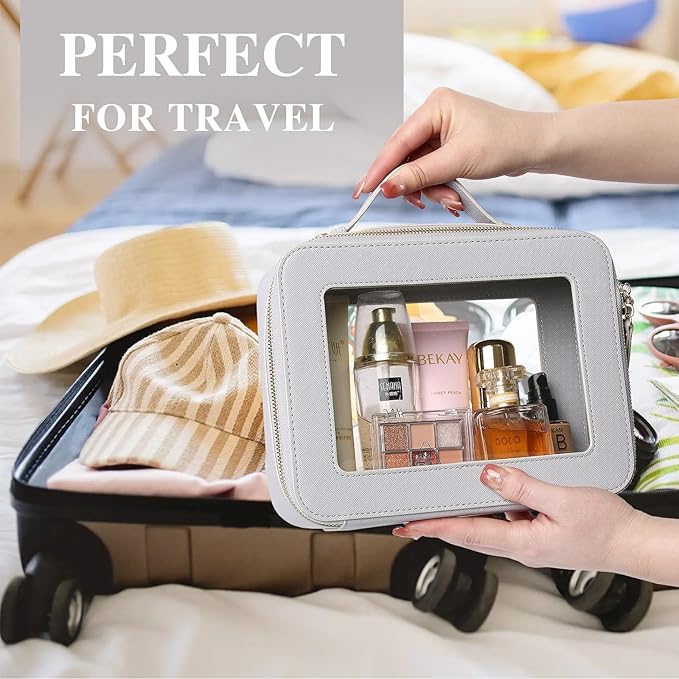 Pinkmik Clear Makeup Bag with Brush Bag 2pcs Waterproof Travel Case for Cosmetics and Toiletries Women's Cosmetic Organizer with Zipper (Gray, L+SLIM)