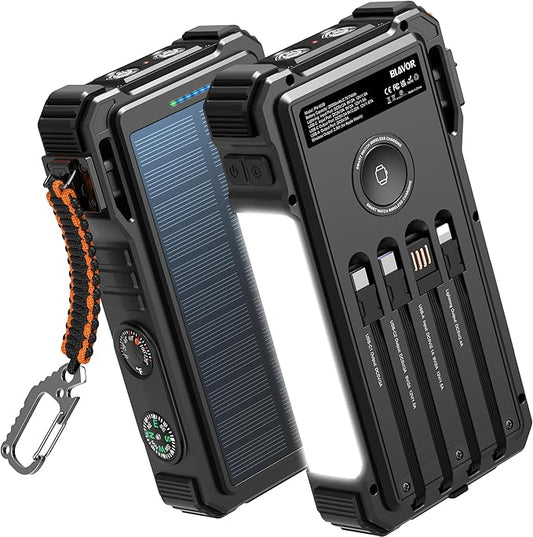 BLAVOR Solar Power Bank 20000mAh Built-in Cables, Wireless Charger for Apple Watch, 20W Fast Charging Battery Pack with USB C, Flashlight, Solar Charger for iPhone, iPad, iWatch, Samsung