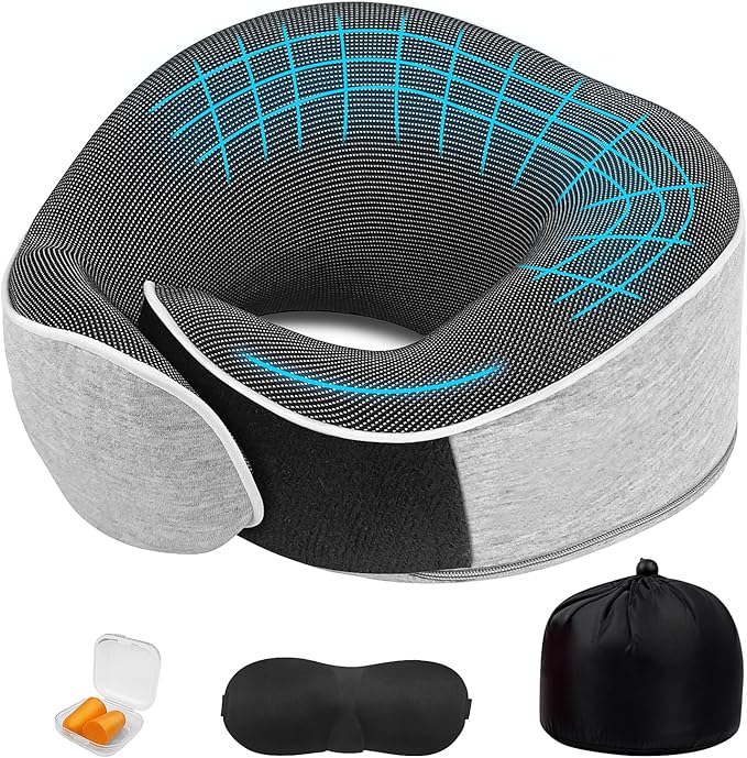 Travel Pillows for Airplanes Ergonomic Memory Foam Neck Pillow for Travel - 360° Head & Neck Support for Sleeping on Flights, Cars, Trains & Office (Gray-2)