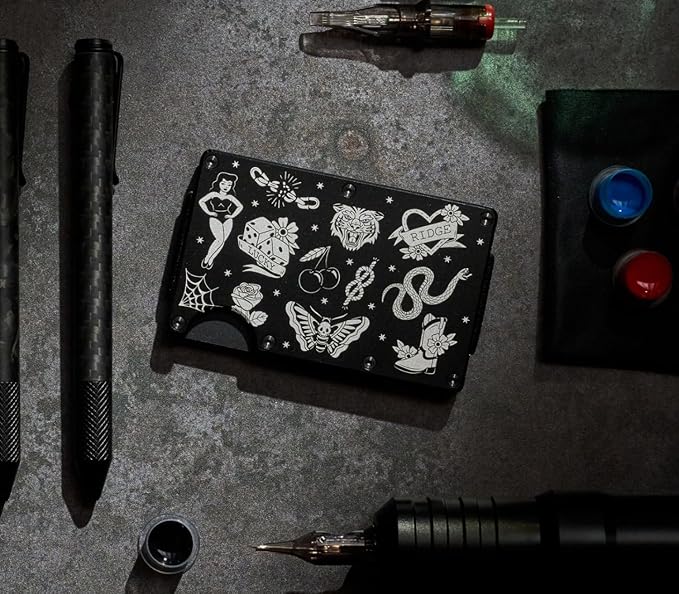 Ridge Wallet for Men - Slim Minimalist Compact Wallet and Card Holder, RFID Protected Front Pocket Wallets for Men with Integrated Cash Strap (American Traditional Tattoo B&W)