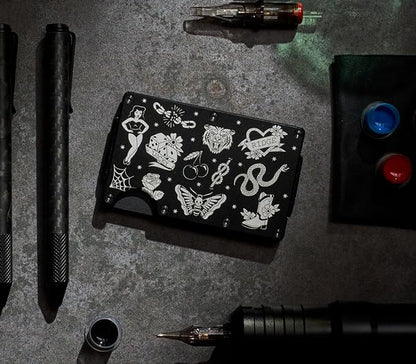 Ridge Wallet for Men - Slim Minimalist Compact Wallet and Card Holder, RFID Protected Front Pocket Wallets for Men with Integrated Cash Strap (American Traditional Tattoo B&W)