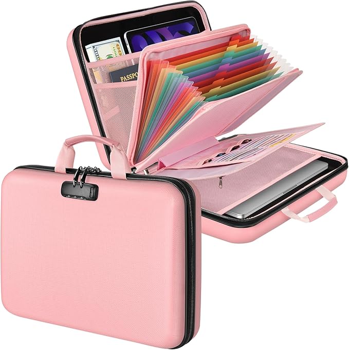 Fireproof Document Organizer with Lock, File Organizer Safe Box Fireproof Waterproof, Hard Shell Fire Proof Document Bag with 13 Pocket Accordion File Folders, Home Storage Office Organization