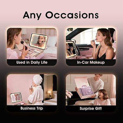 Travel Makeup Case with LED Lighted Mirror 12 Inch Portable Makeup Box Organizer Adjustable Brightness in 3 Colors Cosmetic Storage Case with Dividers Hard Aluminum Shell Vanity Box Pink