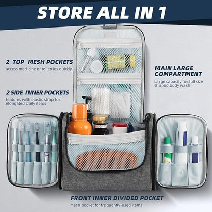 Buruis Large Toiletry Bag for Women and Men, Hanging Travel Bag for Makeup, Cosmetics, Shaving, Toiletries, Water-Resistant Dopp Kit for Gym, Camping, or Daily Use, Oxford Gray