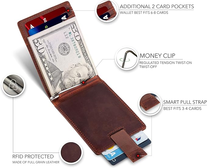 SERMAN BRANDS RFID Blocking Slim Bifold Genuine Leather Minimalist Front Pocket Wallets for Men with Money Clip Thin Gift