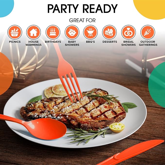 Party Solids Orange Plastic Silverware Heavy Duty 150 Pieces Orange Disposable Silverware Heavy Duty, Utensil Sets, 50 Of Each Forks, Knives & Spoons Disposable Cutlery Set For Party Supplies