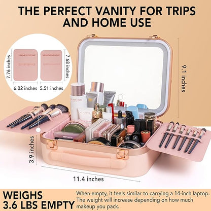 Lighted Makeup Case with Mirror - Standard Size 11.4" x 9" - Travel Makeup Case With Mirror - Rechargeable LED Travel Vanity Case with Adjustable Brightness - Train Case Makeup Bag - Pink